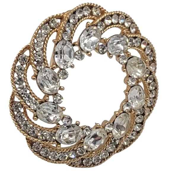 Crown Trifari Vintage Brooch Pin Gold Rhinestone - Picture 2 of 8